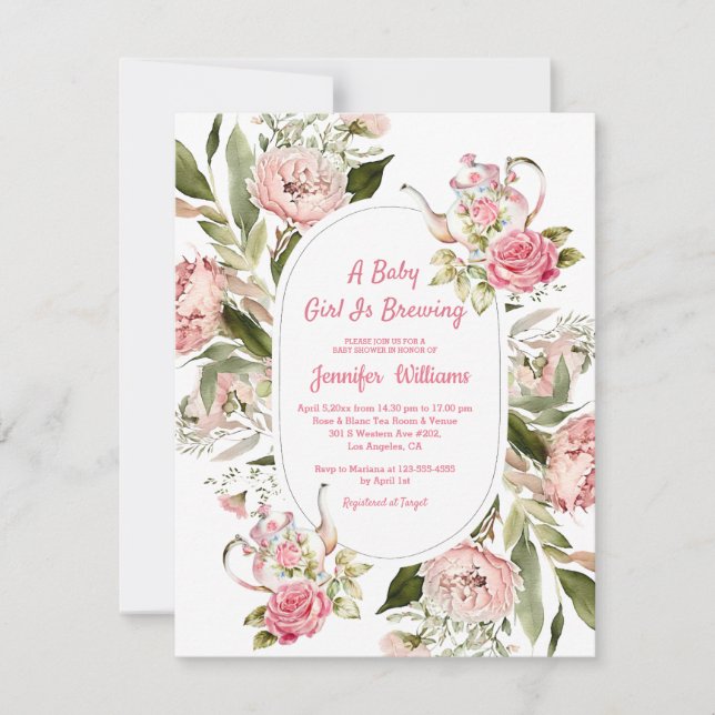 Babymädchen brauen botanisches Party Babydusche Einladung (Vorderseite)