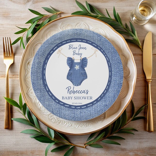 Babymädchen mit blauer Dusche personalisiert Pappteller (Blue jean baby girls denim preppy baby shower monogrammed paper plates personalized table decor)