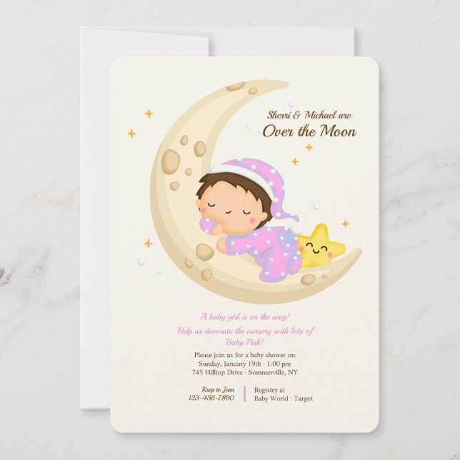 Babymädchen über dem Mond Babydusche Einladung (Vorderseite)