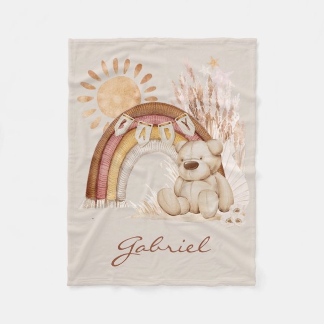Babyname Boho Teddy Bear Rainbow Fleecedecke (Vorderseite)