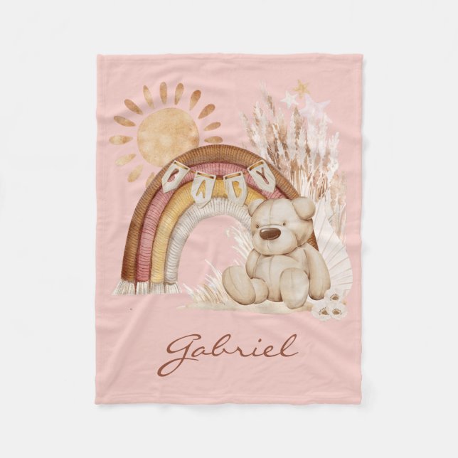 Babyname Boho Teddy Bear Rainbow Fleecedecke (Vorderseite)