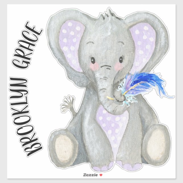 Babyname Niedlich Adorable Feather Lavender Elepha Aufkleber (Blatt)