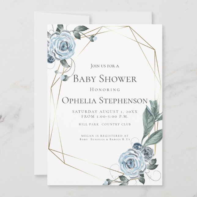 Babyparty | Aquarellfarben, blau, floralblau Ankündigung (Vorderseite)