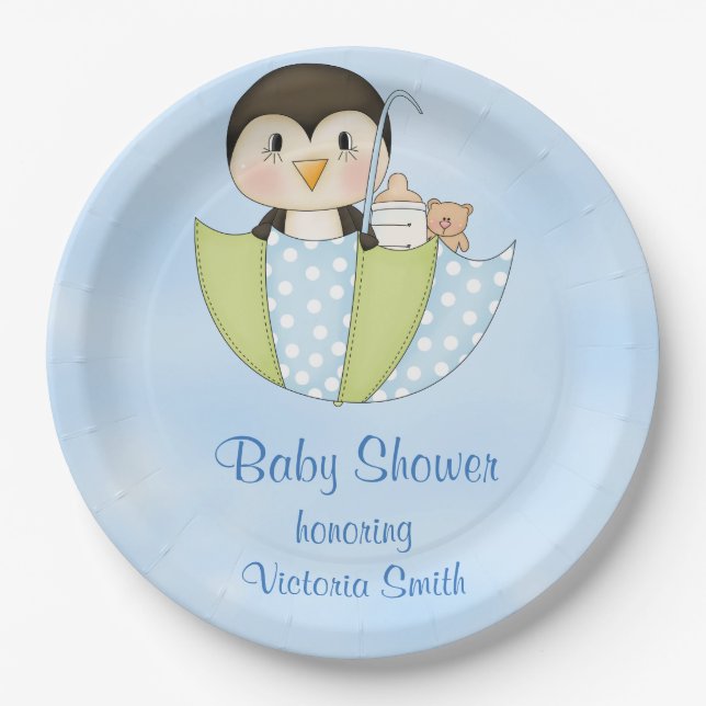 Babyparty-Baby-Pinguin Pappteller (Vorderseite)