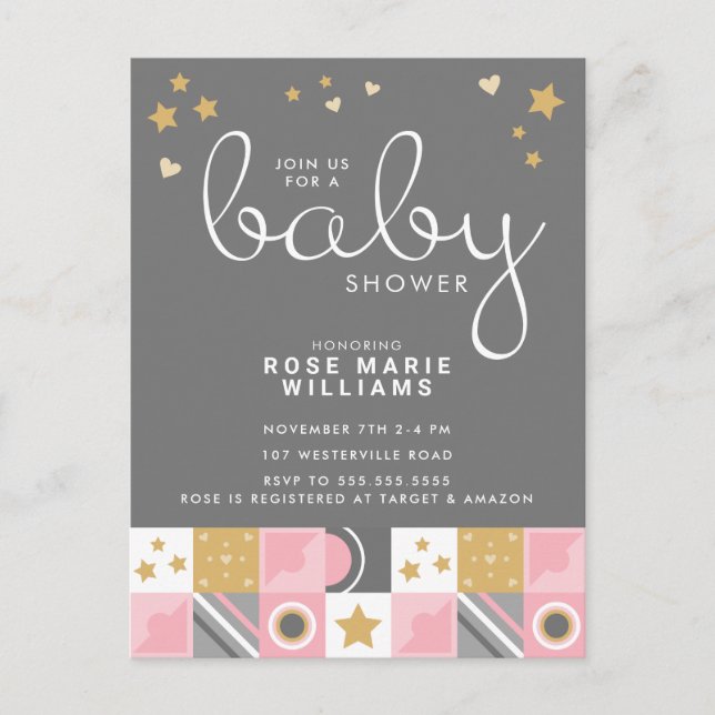 Babyparty | Baby Pink Moon & Stars Postkarte (Vorderseite)