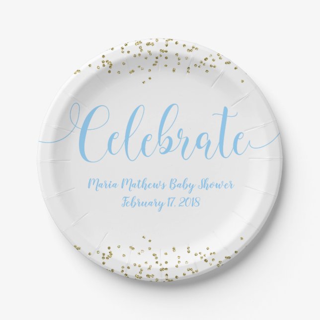 Babyparty-blaues Baby feiern GoldConfetti Pappteller (Vorderseite)