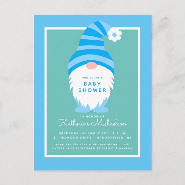 Babyparty | Blue Stripe Gnome Postkarte (Vorderseite)