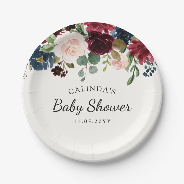 Babyparty Burgunder-Blumenstrauß-| Pappteller (Vorderseite)