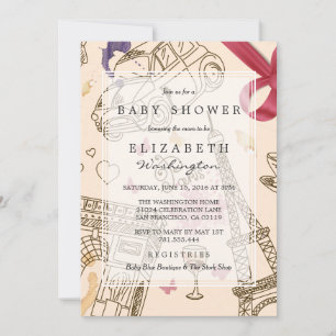 Babyparty   Chic Whimsical Pink Paris & Bow Einladung