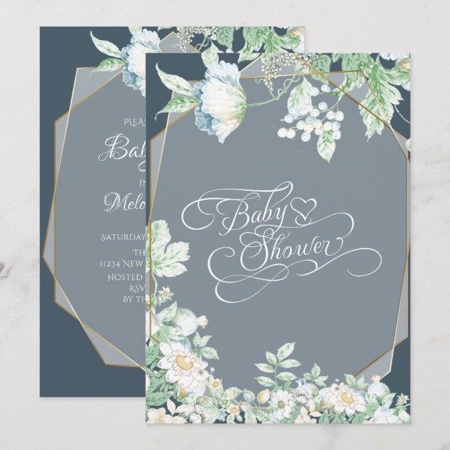 Babyparty | Dusty Blue Wildblumen Berries Einladung (Vorne/Hinten)