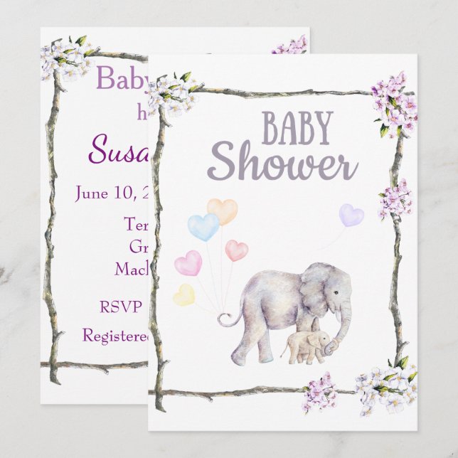 Babyparty-Einladung mit Baby-Elefanten Einladung (Vorne/Hinten)