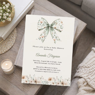 Babyparty-Einladung mit neutralen Blumen und Schle Einladung