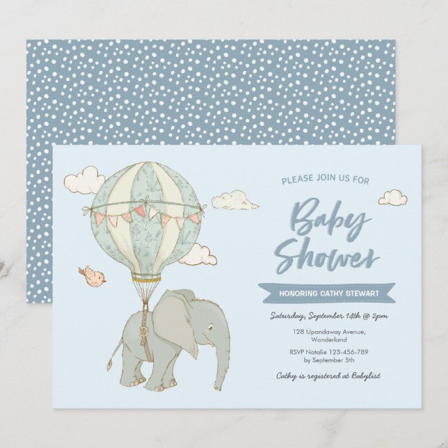 Babyparty-Einladungs-Elefant-Heißluft-Ballon Einladung (Vorne/Hinten)