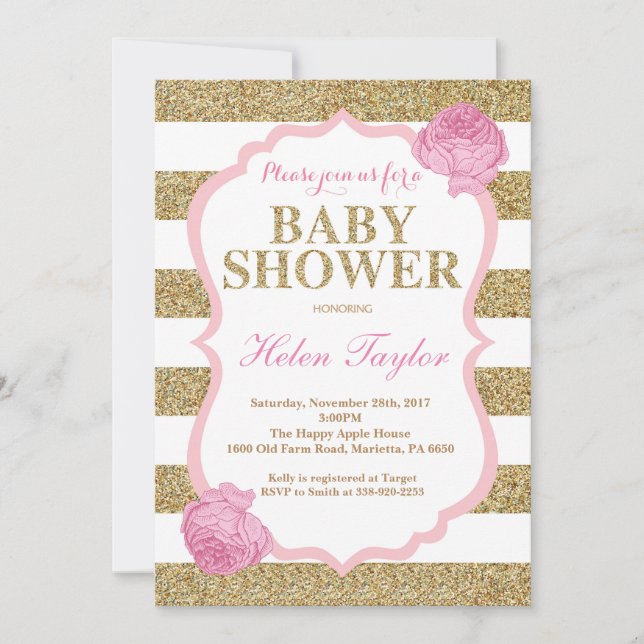 Babyparty-Einladungs-Rosa und Gold Glitte mit Einladung (Vorderseite)