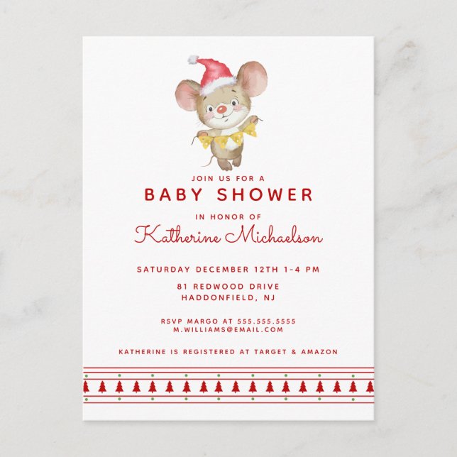 Babyparty | Frohe Weihnachtsmaus Einladung Postkarte (Vorderseite)