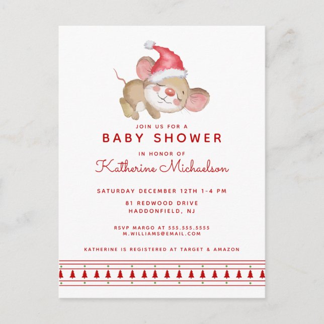 Babyparty | Frohe Weihnachtsmaus Einladung Postkarte (Vorderseite)