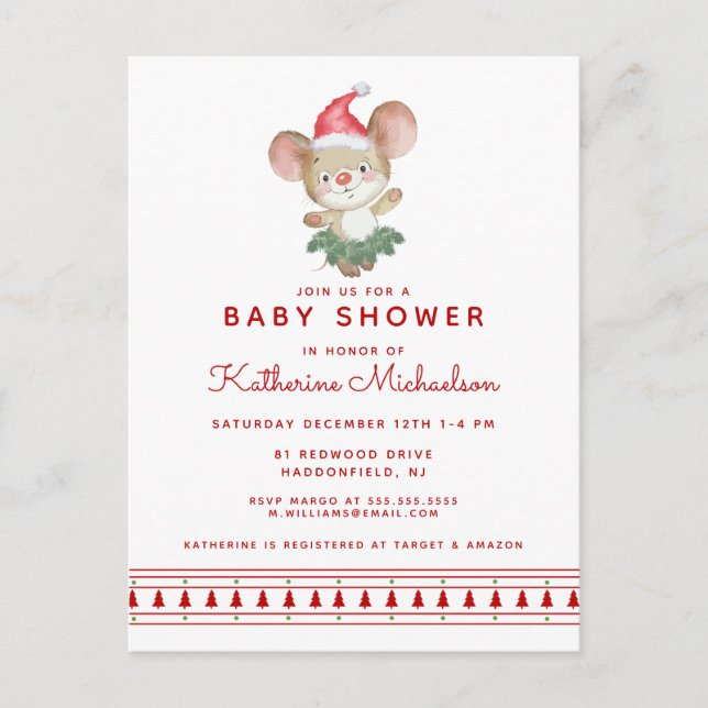 Babyparty | Frohe Weihnachtsmaus Einladung Postkarte (Vorderseite)