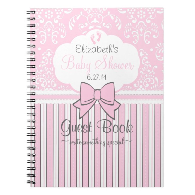 Babyparty-Gast-Buch-Rosa-Damast und Streifen Notizblock (Vorderseite)