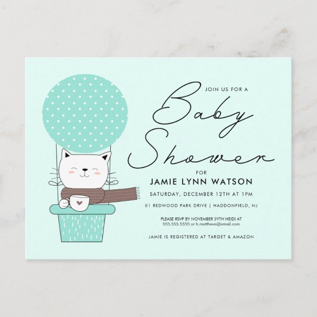 Babyparty | Green Cat Balloon Postcard Postkarte (Vorderseite)