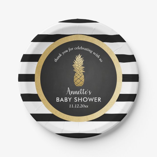 Babyparty | Imitate Ananas | Streifen Pappteller (Vorderseite)