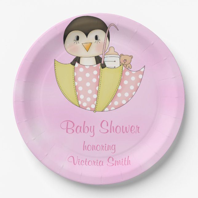 Babyparty ist es ein Mädchen-Pinguin Pappteller (Vorderseite)