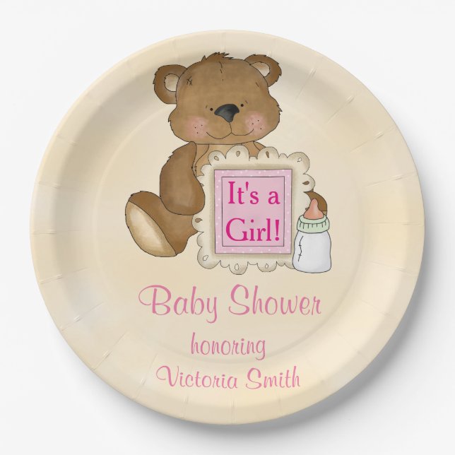 Babyparty ist es ein Mädchen-Teddybär Pappteller (Vorderseite)