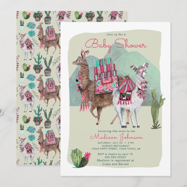 Babyparty | Llamas & Cactus | Aufforderungen Einladung (Vorne/Hinten)