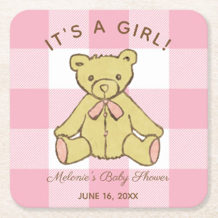 Babyparty-Mädchen-Bär mit Namen und Datum Rechteckiger Pappuntersetzer