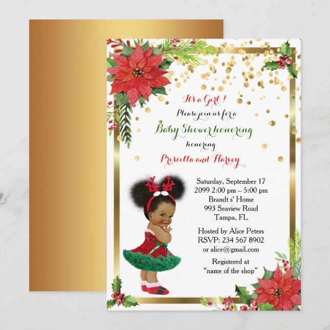 Babyparty MÄDCHEN, Weihnachten, weiß u. gold_Ebony Einladung (Vorne/Hinten)