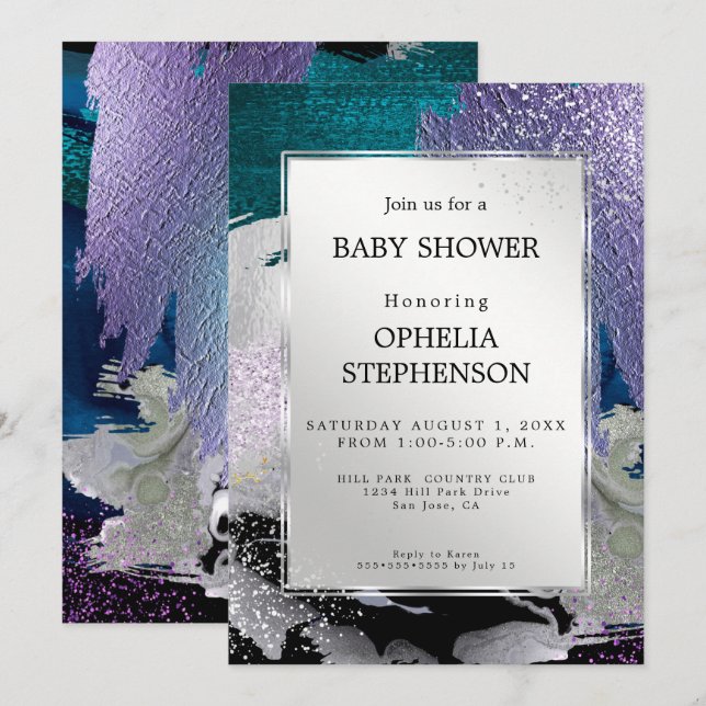 Babyparty | Metallisches Silber Aquamarin Lila Abs Einladung (Vorne/Hinten)