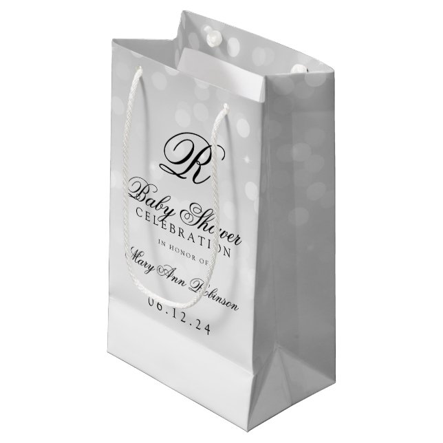 Babyparty-Monogramm-Silber Bokeh Schein-Lichter Kleine Geschenktüte (Vorderseite Schrägansicht)