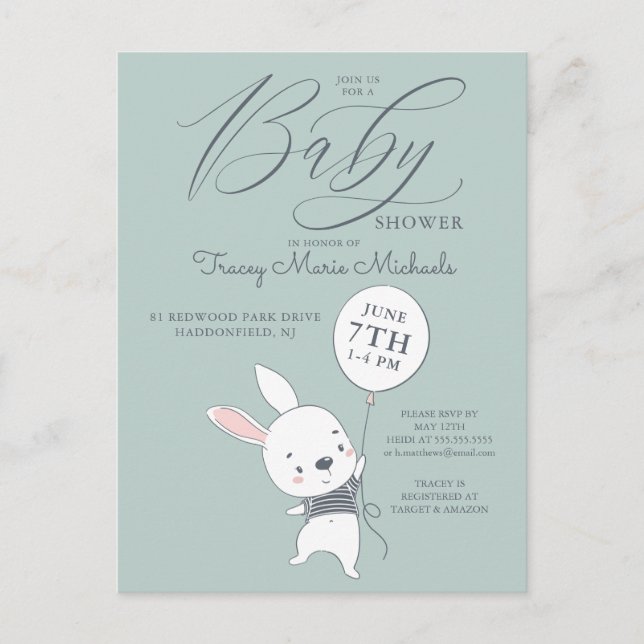 Babyparty | Niedliche Bunny & Balloon Postcard Postkarte (Vorderseite)