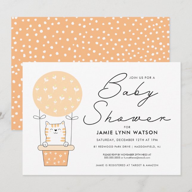 Babyparty | Orange Cat Ballon Einladung (Vorne/Hinten)