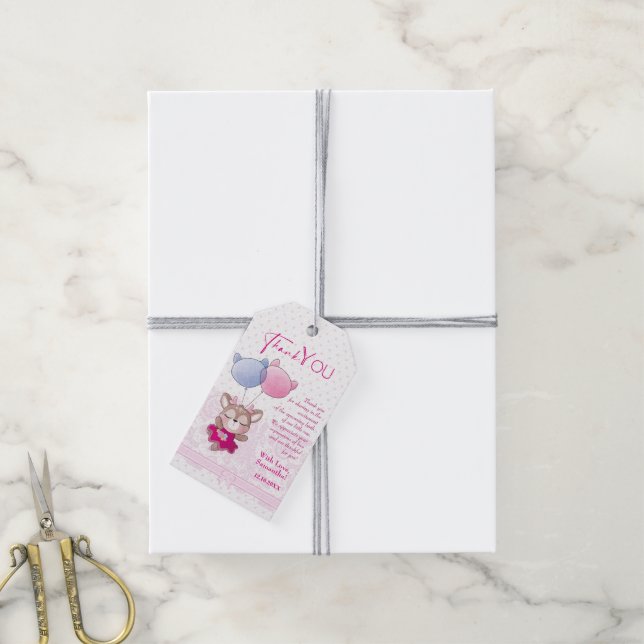 Babyparty. Pink Baby Deer Geschenkanhänger (Mit Garn)