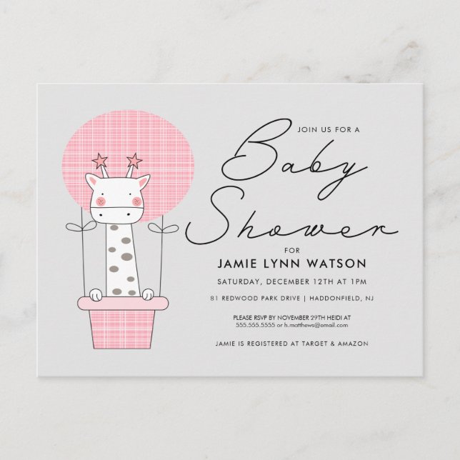 Babyparty | Pink Giraffe Ballon Postkarte (Vorderseite)