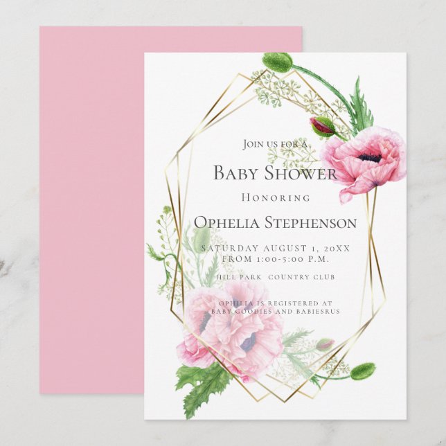 Babyparty | Pink Poppies Einladung (Vorne/Hinten)