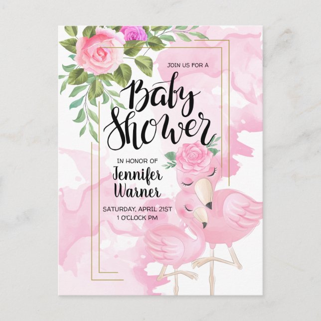 Babyparty | Pink Watercolor Flamingo Einladung Postkarte (Vorderseite)