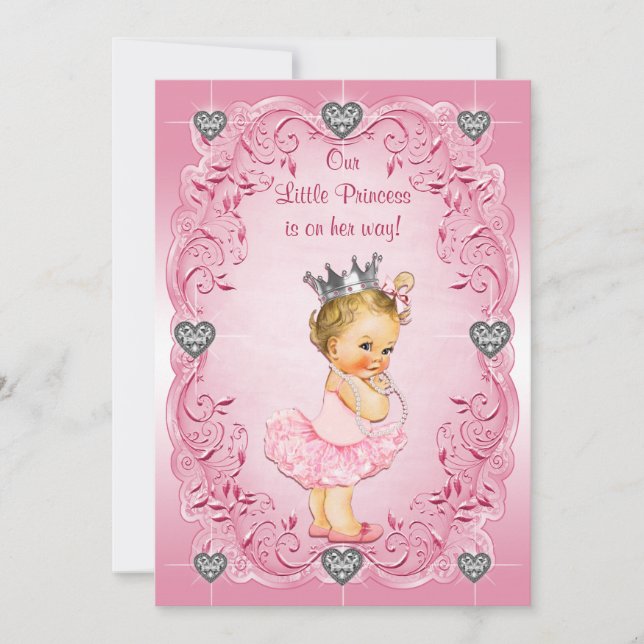 Babyparty Prinzessin-Ballerina Diamond Hearts Einladung (Vorderseite)