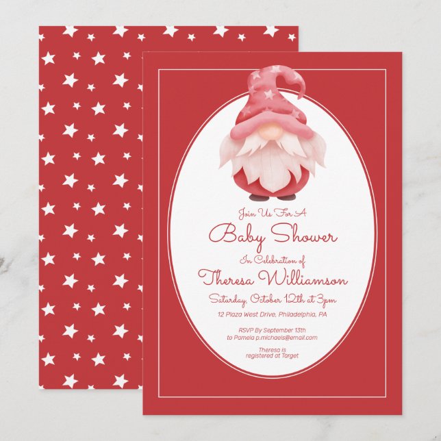 Babyparty | Red Star Gnome Baby Shower Einladung (Vorne/Hinten)