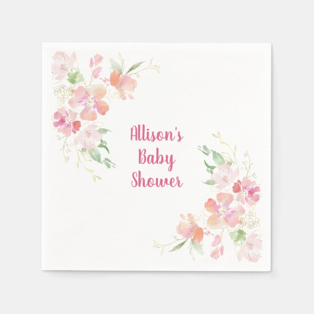 Babyparty | Rosa Koralle Gold Floral Serviette (Vorderseite)