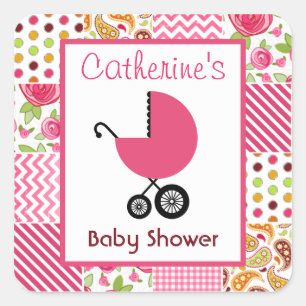 Babyparty-rosa Wagen u. Girly Patchwork Quadratischer Aufkleber