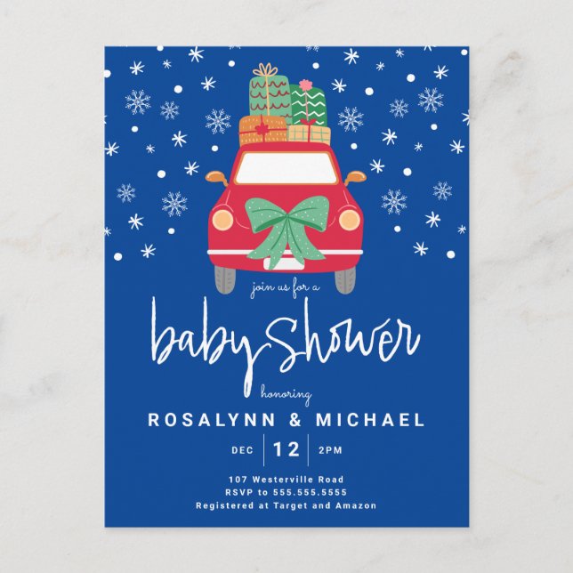 Babyparty | Roter Weihnachtswagen Postkarte (Vorderseite)