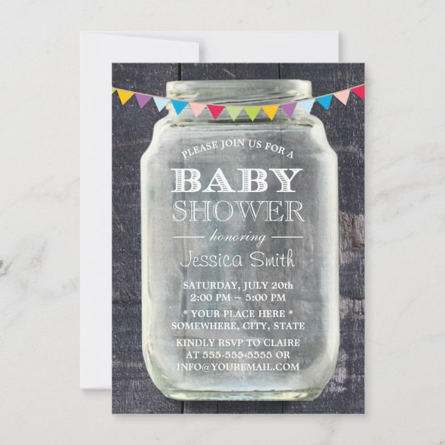 Babyparty-rustikales Scheunen-Holz-Weckglas Einladung (Vorderseite)