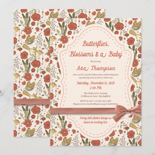 Babyparty | Schmetterlinge und Blüten Poesie Einladung (Vorne/Hinten)