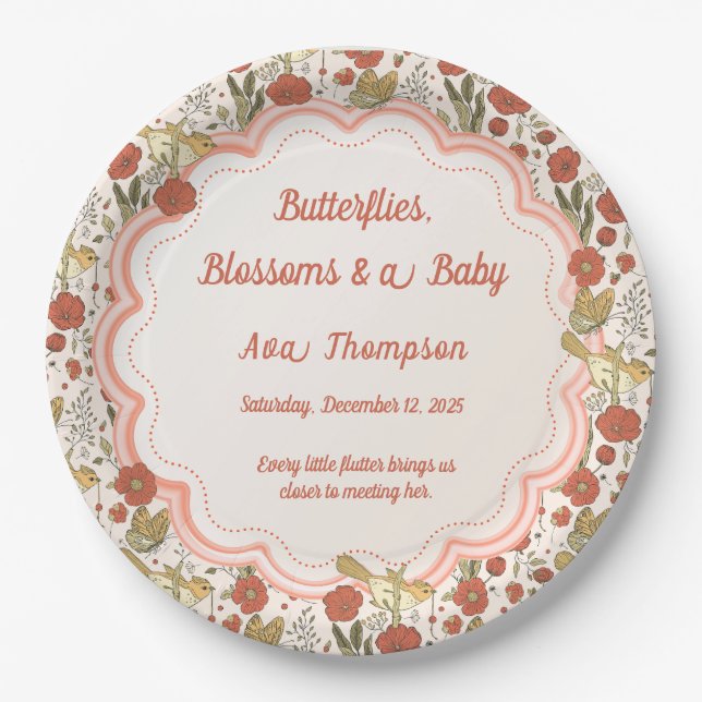 Babyparty | Schmetterlinge und Blüten Poesie Pappteller (Vorderseite)