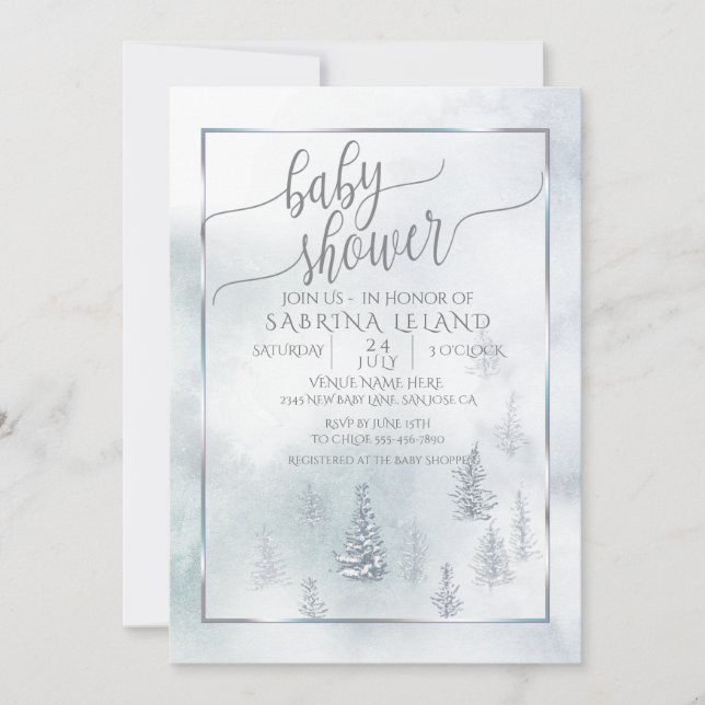 Babyparty | Silver Blue Winter Wonderland Ankündigung (Vorderseite)