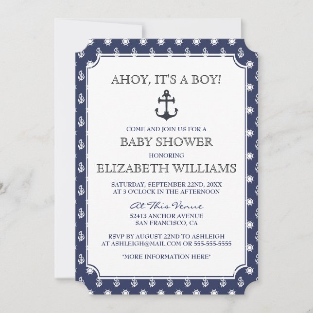 Babyparty | Stilvolle formale Navy Nautical Anchor Einladung (Vorderseite)