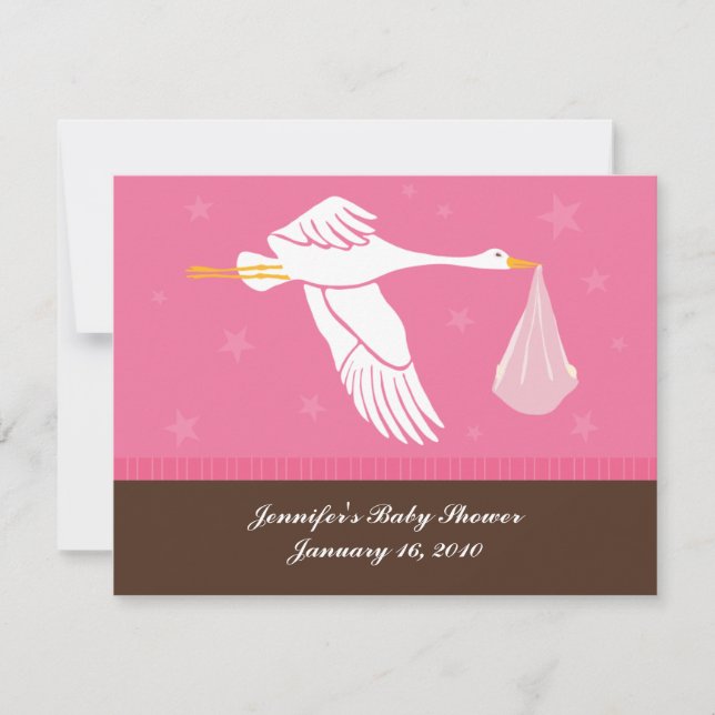 Babyparty-Storch-Register-Karte - Rosa und Brown Einladung (Vorderseite)