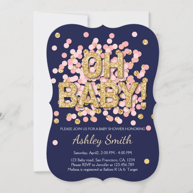 Babypartyconfetti-Rosa-Goldmarine-Einladung Einladung (Vorderseite)