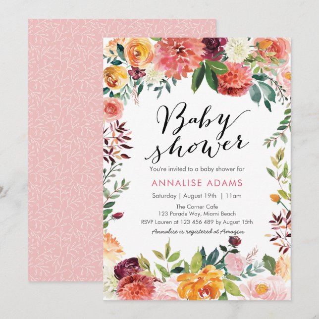 Babypartyeinladung | Fall mit Blumen Einladung (Vorne/Hinten)